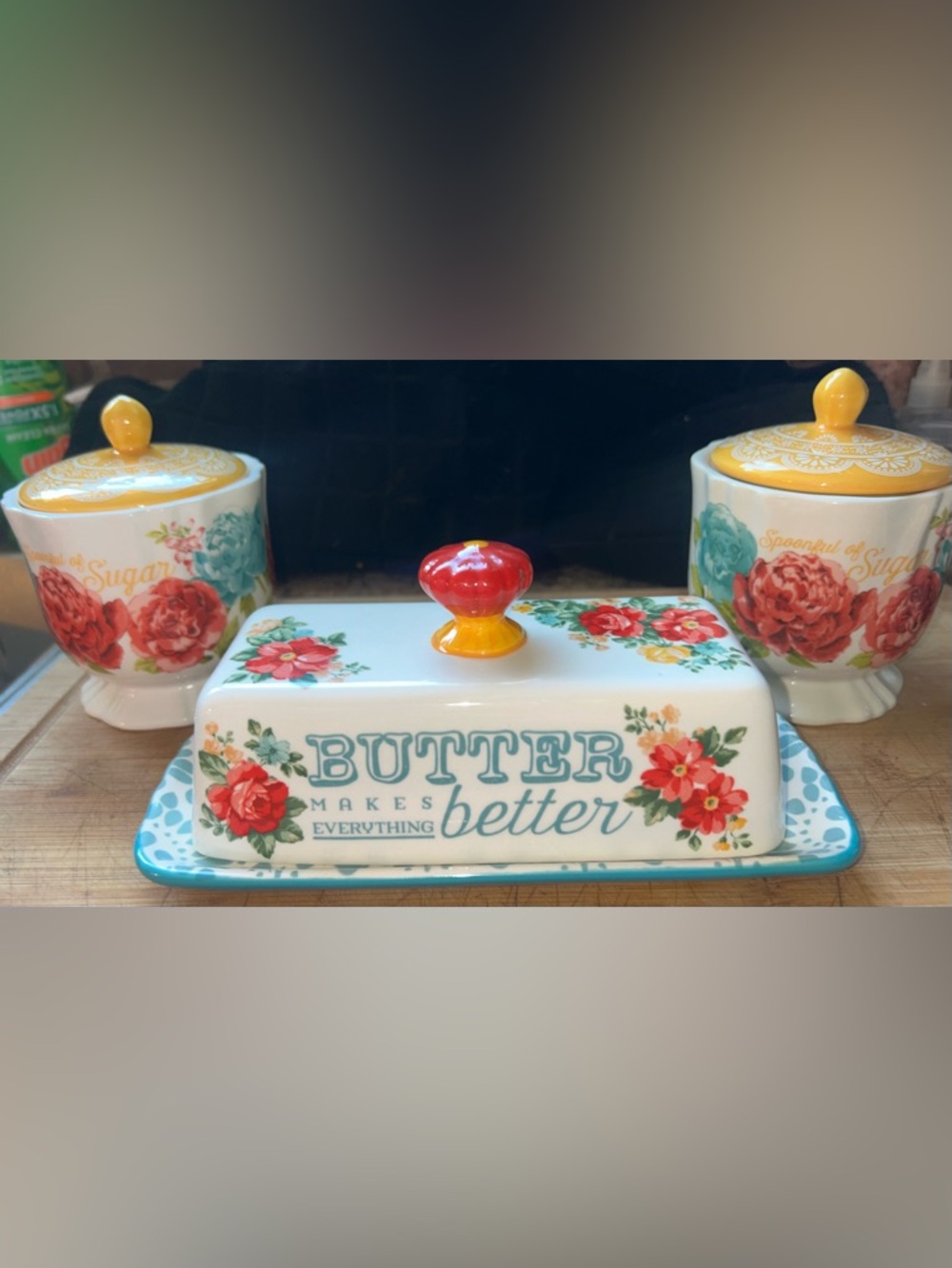The Pioneer Woman vintage Floral stoneware Butter Dish with sugar bowls set